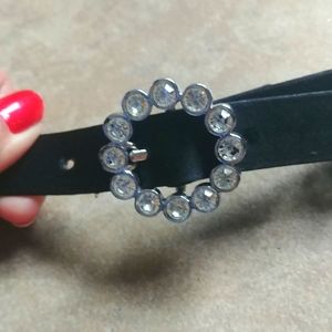 Vintage ST. John Black Leather & Crystal Belt SZ 10